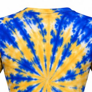 T-shirt Tie-Dye Bleu Jaune à Manches Courtes Col Rond Imprimé Graphique Décontracté en Coton pour Femme – Haut Tendance Estival Personnalisable - Product Image 3