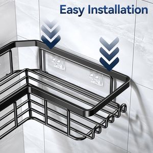 Rustproof Stainless Steel <b>Corner</b> <b>Shower</b> Shelves No Drilling Wall Mounted Rack 12 Hooks Black 3 Pack - Product Image 5
