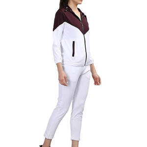 Women Sporty <b>Tracksuit</b> White Burgundy Color Blocking Hooded Zipper Full Sleeve Side Pockets Lightweight Spring Casual - Product Image 3