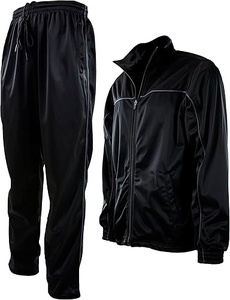 Ensemble de survêtement noir pour homme, veste zippée intégrale et pantalon, couleur unie, style sportif, respirant, en polyester, pour l'automne - Product Image 1