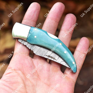 มีดพับเหล็กดามัสกัสทำมือ ด้ามไม้ปักก้า ใบมีดทรงดรอปพอยต์ พร้อมคลิปหนีบหลังและปลอกหนัง-OEM/ODM - Product Image 3