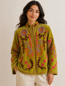 <b>Jacket</b> Brown Velvet Knitted Suzani Embroidered Letter Detail Bomber Handmade Bohemian Eco-Friendly Breathable Quilted Reversible - Product Image 5