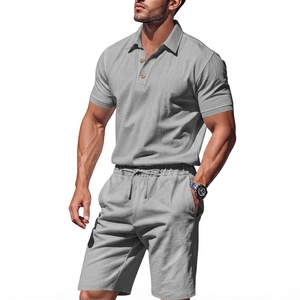 Ensemble polo et short en coton pour homme, couleur unie, décontracté, respirant, tricoté, 2 pièces, gris - Product Image 1