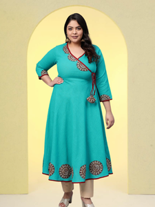 Womens Teal Cotton Slub Patch Work Angrakha Style Anarkali Kurta With V Neck <b>Three</b> Fourth Sleeves Crafted For Global Ethnic Wear - Product Image 6