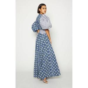 Robe longue moderne de qualité supérieure, motif audacieux bleu, équilibre parfait des couleurs, fente latérale à la taille - Product Image 6