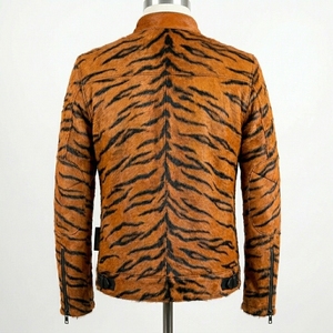Custom Mens Tiger <b>Pattern</b> Hair-on-Hide Genuine Leather Jacket Wholesale Real Cowhide Moto Biker Stand Collar Slim Fit Coat - Product Image 2