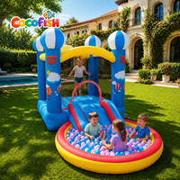 Château gonflable pour enfants sur le thème de la montgolfière Cocofish, en tissu Oxford, avec toboggan, fosse à balles ronde, équipement de jeu pour fête d'enfants