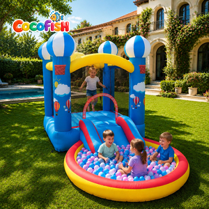 Château gonflable pour enfants sur le thème de la montgolfière Cocofish, en tissu Oxford, avec toboggan, fosse à balles ronde, équipement de jeu pour fête d'enfants - Product Image 1