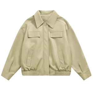 Unisex Beige PU Leather Eco-friendly Bomber <b>Jacket</b> Zipper Closure Front Workwear Turn-down Collar Loose Fit <b>Short</b> Regular <b>Sleeve</b> - Product Image 6