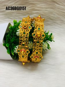 Arabic Style Gold Plated Bangles – Royal Filigree Statement <b>Bracelet</b> Set with Green & <b>Red</b> Stones - Product Image 4