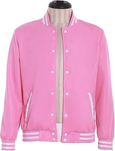 <b>Pink</b> Varsity <b>Jacket</b> Regular Fit Button Closure Solid Color Polyester Material Unisex Preppy Style Spring Wear - Product Image 5