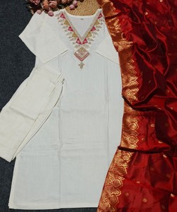 Salwar Kameez pour femmes, blanc, longueur cheville, coton, manches trois quarts, style Inde Pakistan, usage quotidien, 85895 SAHAJANAND- SI:-382 - Product Image 3