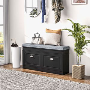 Panca scarpiera stile rustico con 2 cassetti, ottomana imbottita nera per ingresso, capacità 8 paia - Product Image 2