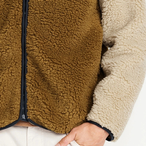 Veste polaire à capuche pour homme, style color block, fermeture éclair, décontractée, pour l'hiver, coupe classique, beige et marron, sweats à capuche en sherpa - Product Image 6