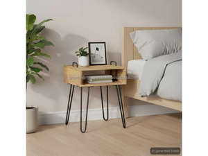 Mesa Auxiliar Moderna de Mediados de Siglo con Patas de Horquilla |   Mesa de Noche de Madera |   Mesa de Noche Industrial para Dormitorio - Product Image 2