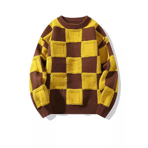Pull en tricot à carreaux marron et jaune personnalisable pour homme, manches longues, vêtement d'automne, nouveau design, pulls en laine - Product Image 3