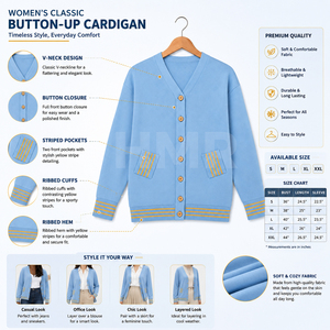 Cárdigan de Punto Acrílico Azul Claro para Mujer, Marca HMR, Cuello en V, Manga Larga, con Rayas Amarillas y Bolsillos - Product Image 6