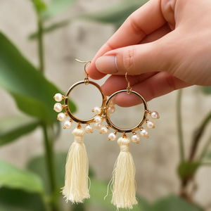 Vintage Bohemian Hoop Earrings with Pearl and Tassel-Gold Plated Zinc Alloy - Product Image 3
