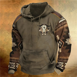 Sweat-shirt à capuche décontracté pour homme à motif géométrique, coupe classique, imprimé, style automne, marron, avec poches - Product Image 4