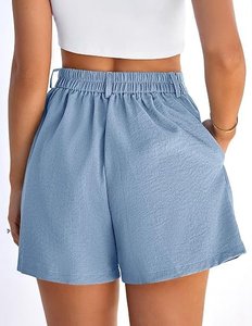 Shorts Bermuda en Lin Blanc Taille Haute avec Tissu Plissé, Ceinture Élastique et Braguette Boutonnée, Style Décontracté - Product Image 4