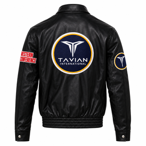 เสื้อแจ็คเก็ตหนังแท้สีดำสำหรับผู้ชาย ยี่ห้อ TAVIAN International ปักลายหนังแกะแท้  แบบ Western Conference ด้านหน้า - Product Image 3