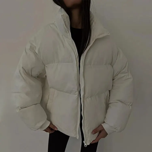 Black Hooded Puffer Jacket Zipper Closure <b>Thick</b> <b>Winter</b> <b>Coat</b> Unisex Casual Style Solid Color Polyester Wadding Loose Fit - Product Image 3