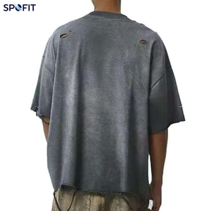 Camiseta de Manga Corta para Hombre, Estilo Urbano, Cuello Redondo, Color Sólido, Algodón Jersey, Corte Holgado, Desgastada y Rasgada - Product Image 2