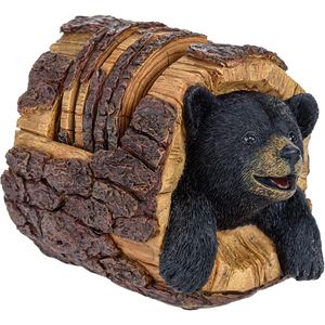 Black Bear Print Rustic <b>Log</b> Coaster Set Stylish Drink <b>Holders</b> for Home Decor Furniture and Cabin Ambiance - Product Image 1