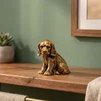 Statue de chien en laiton artisanale, petite figurine de chiot assis, finition or antique, sculpture d'animal détaillée, chien décoratif en métal