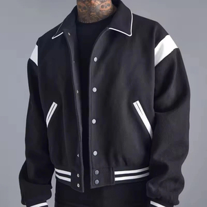 Chaqueta Varsity para Hombre, Color Negro con Bloques de Color, Cuello de Solapa de Lana, Estilo Béisbol, Casual, Cierre de Botón, Ropa de Abrigo para Otoño - Product Image 1