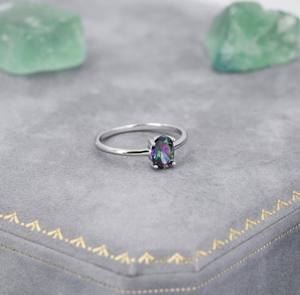 แหวนเงินแท้ประดับเพชร CZ สีดำมิสติกทรงรี 1 กะรัต ประดับด้วยเพทายสีดำออโรร่าและมิสติกโทแพซ ชุบทอง 14K แบบหนามเตย สำหรับงานแต่งงาน - Product Image 4