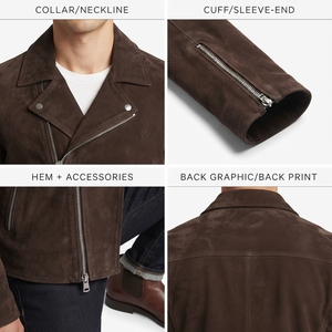 OEM Custom <b>Men's</b> Solid Espresso Goatskin <b>Suede</b> Breathable Sustainable Lined Moto Biker <b>Jacket</b> Asymmetric Zip Outerwear - Product Image 4