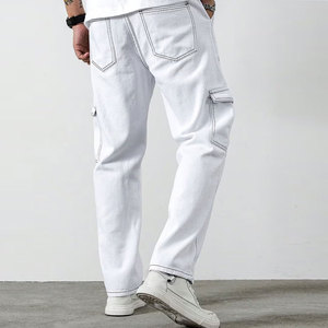 Pantalon cargo blanc pour hommes, taille élastique, plusieurs poches, style décontracté, tissu en toile respirant, vêtements de printemps - Product Image 4