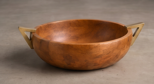 Walnut Finished <b>Mango</b> <b>Wood</b> Serving <b>Bowl</b> Round Salad <b>Bowl</b> with Modern Geometric Trapezoid Metal Side Handles - Product Image 4
