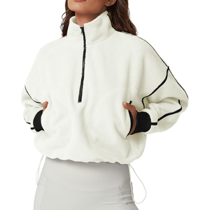 Sudadera Oversize de Forro Polar Blanco para Mujer con Media Cremallera, Cuello Alto, Hombros Caídos, Manga Larga, Largo Corto, para Invierno, OEM - Product Image 1