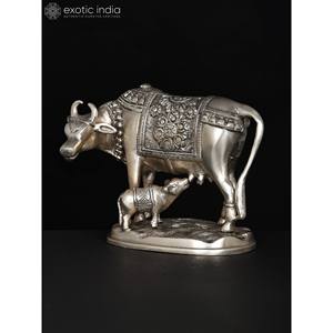 Elegante 7 \ "Escultura de Latón chapado en plata Estatua de vaca y becerro Obra de arte única - Product Image 4