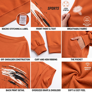 Sweat-shirt oversize imprimé en molleton bouclette à épaules dénudées pour femme, haut à manches longues, idéal pour l'hiver - Product Image 6