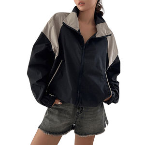 Veste coupe-vent à manches longues pour femme avec fermeture éclair, blocs de couleur, poche zippée, en nylon imperméable - Product Image 6