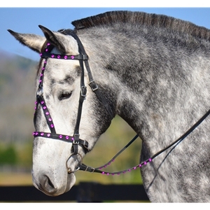 Têtière en cuir noir avec clous verts, réglable, pour l'équitation - Product Image 5