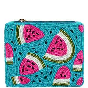 Porte-monnaie artisanal en tissu de coton, motif pastèque perlé, forme rectangulaire, fermeture éclair, broderie artisanale - Product Image 1