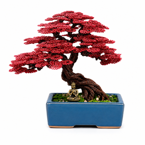 Bonsái Metálico Hecho a Mano con Hojas Rojas, Maceta Rectangular de Porcelana Azul, Figura de Buda, Decoración de Interiores - Product Image 1