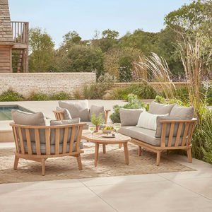 Ensemble de salon de jardin en teck moderne, mobilier de conversation pour terrasse extérieure, avec sièges rembourrés et table, pour villa, hôtel, usage extérieur - Product Image 1