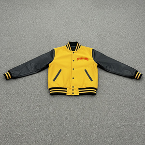 2026 High Quality Men Varsity Jacket <b>Yellow</b> Black PU Leather Sleeve Embroidered Letter Logo Casual College Style Autumn Wear - Product Image 1