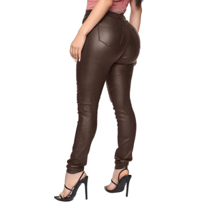Nouveau pantalon en cuir de vachette respirant de haute qualité pour femme, design avant sexy, noir, longueur cheville, taille élastique, style urbain - Product Image 6