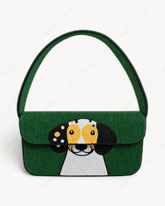 Handmade Beagle Dog Beaded <b>Shoulder</b> <b>Bag</b> Emerald Green Ivory Puppy Portrait Flap Handbag Women Wholesale OEM Private Label - Product Image 1
