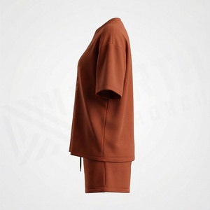 Ensemble de shorts en coton tricoté 2 pièces pour femmes, col rond, manches courtes, coupe ample, imprimé géométrique, décontracté, printemps-été - Product Image 3