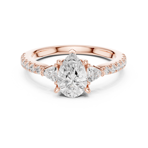 Anillo de compromiso de tres piedras de moissanita talla pera para mujer, color D, chapado en oro rosa de 14K con pavé y piedras laterales. - Product Image 1