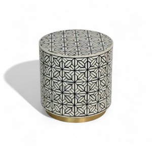 Round Bone Inlay side table For <b>Bed</b> room Ottoman With Geometric Pattern Brass Base Contemporary Living Room Decor - Product Image 4