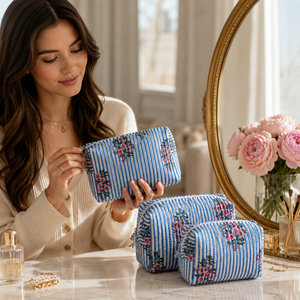 Luxury Mint Botanical Embroidered 3-Piece Makeup Pouch Set Quilted Cotton Zipper Closure Cosmetic <b>Bags</b> Women Travel <b>Vanity</b> - Product Image 3