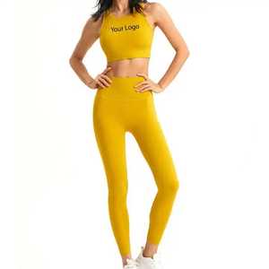 Conjunto de Yoga Amarillo de 2 Piezas para Mujer, Leggings de Cintura Alta, Top Corto, Espalda Cruzada, Sin Costuras, Ropa Deportiva de Longitud Completa - Product Image 1
